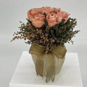 Pink Rose Arrangement Vase with Gold Ribbon Romantic Cottage Shabby Chic